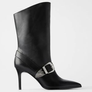 ZARA Cowboy Buckle Black Leather Pointed Toe Slip On Heel Boots Sz 7.5US